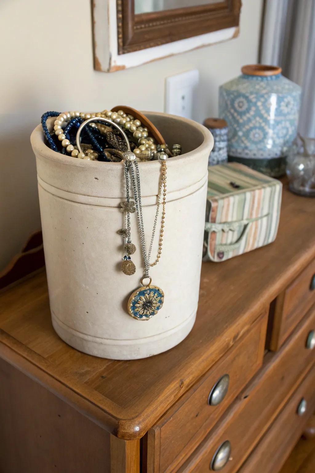 Store your jewelry in a fashionable jug holder.