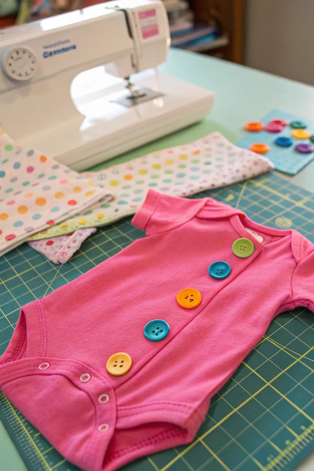 A lively onesie adorned with vibrant fasteners.