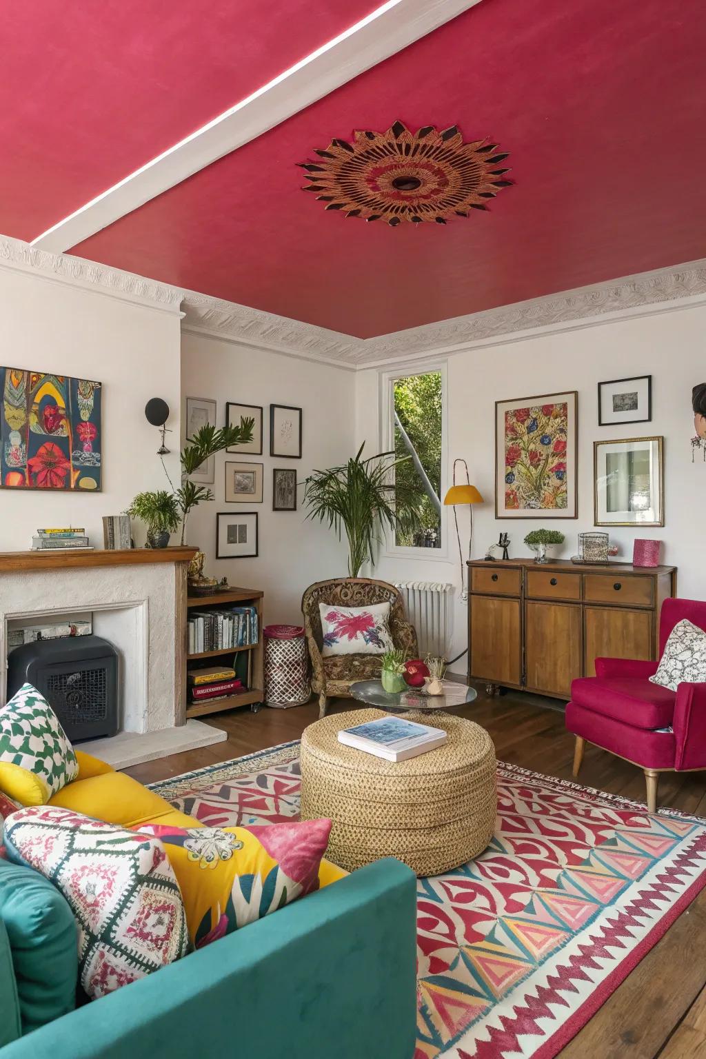 A vibrant living space featuring a boldly colored ceiling that makes a lively statement.