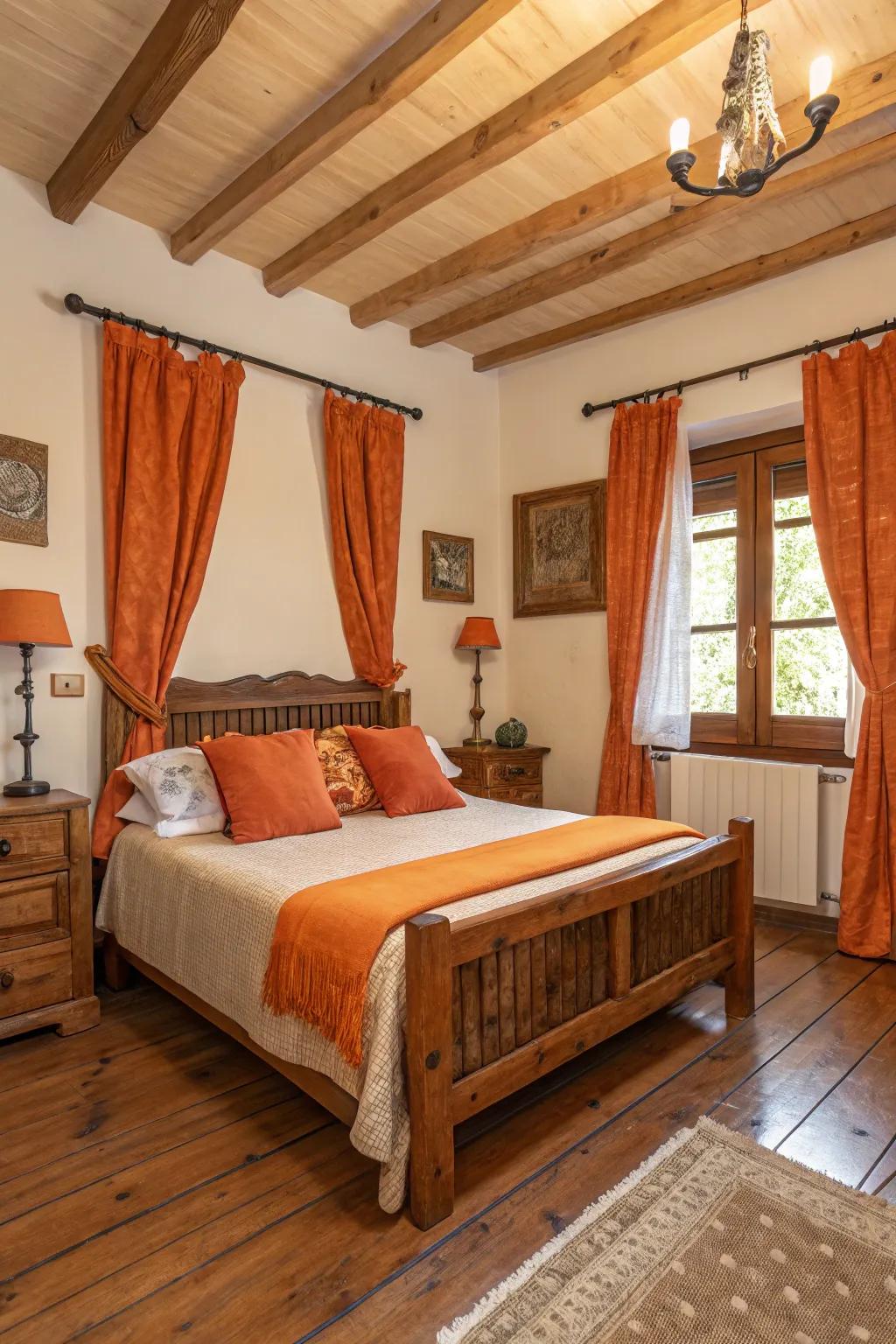 Orange and wood create a charming rustic atmosphere.
