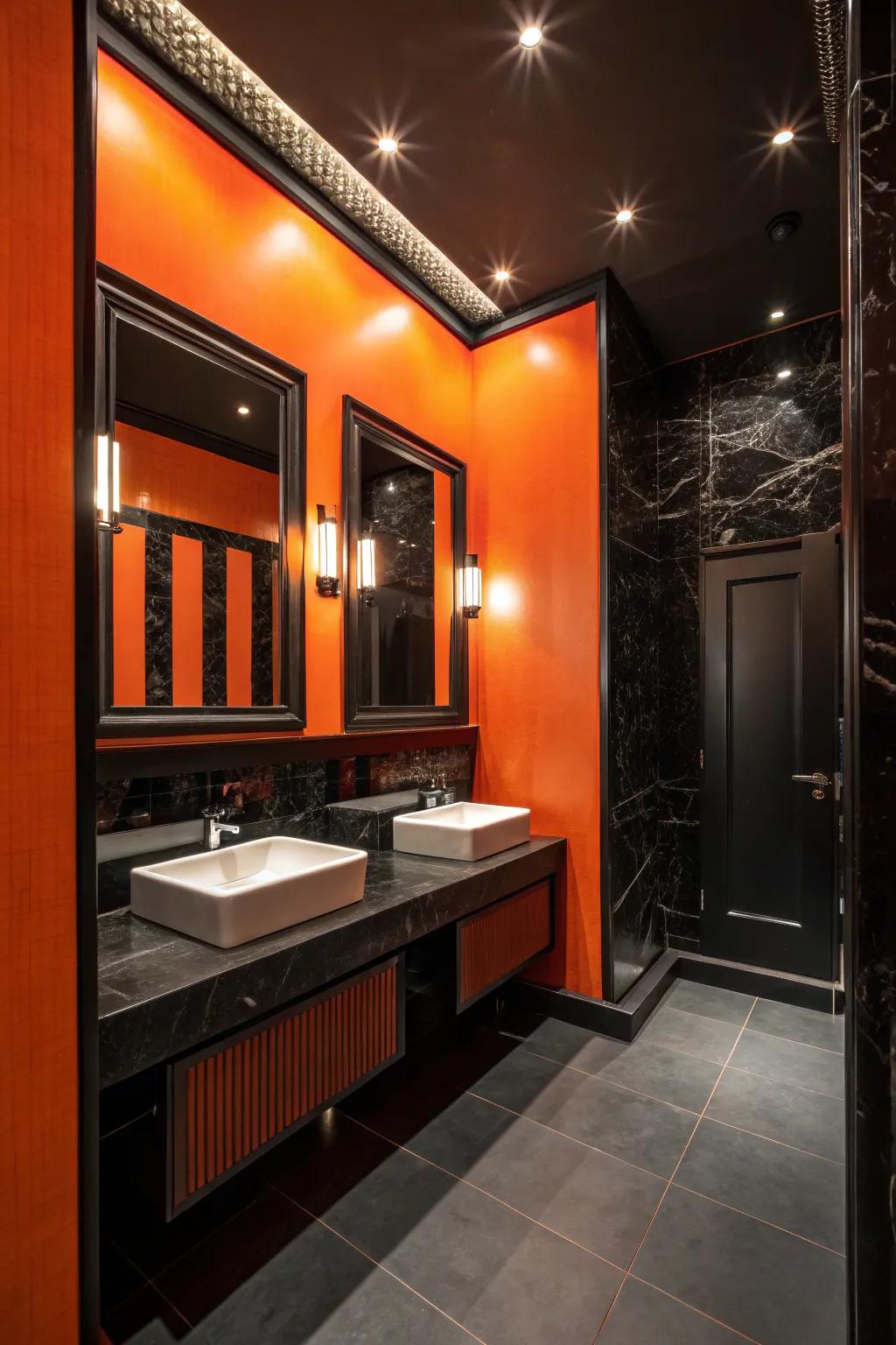 A powder room that becomes a showstopper with its bold orange and black decor.