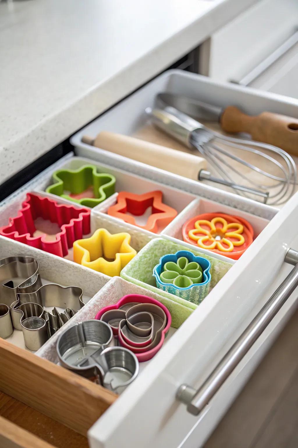 Compact storage keeps cookie cutters arranged and accessible.