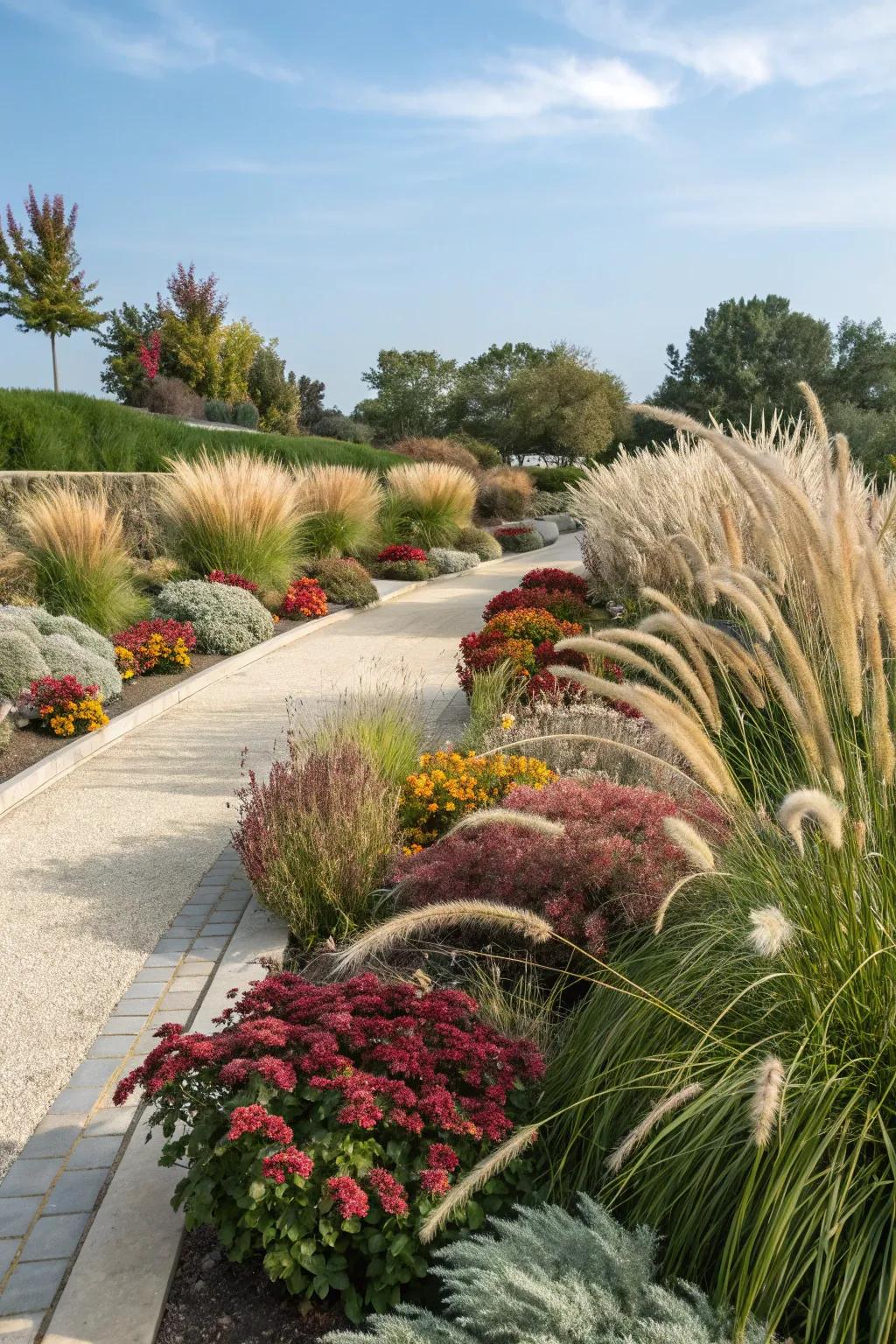 The use of color echoes in garden design through ornamental grasses.