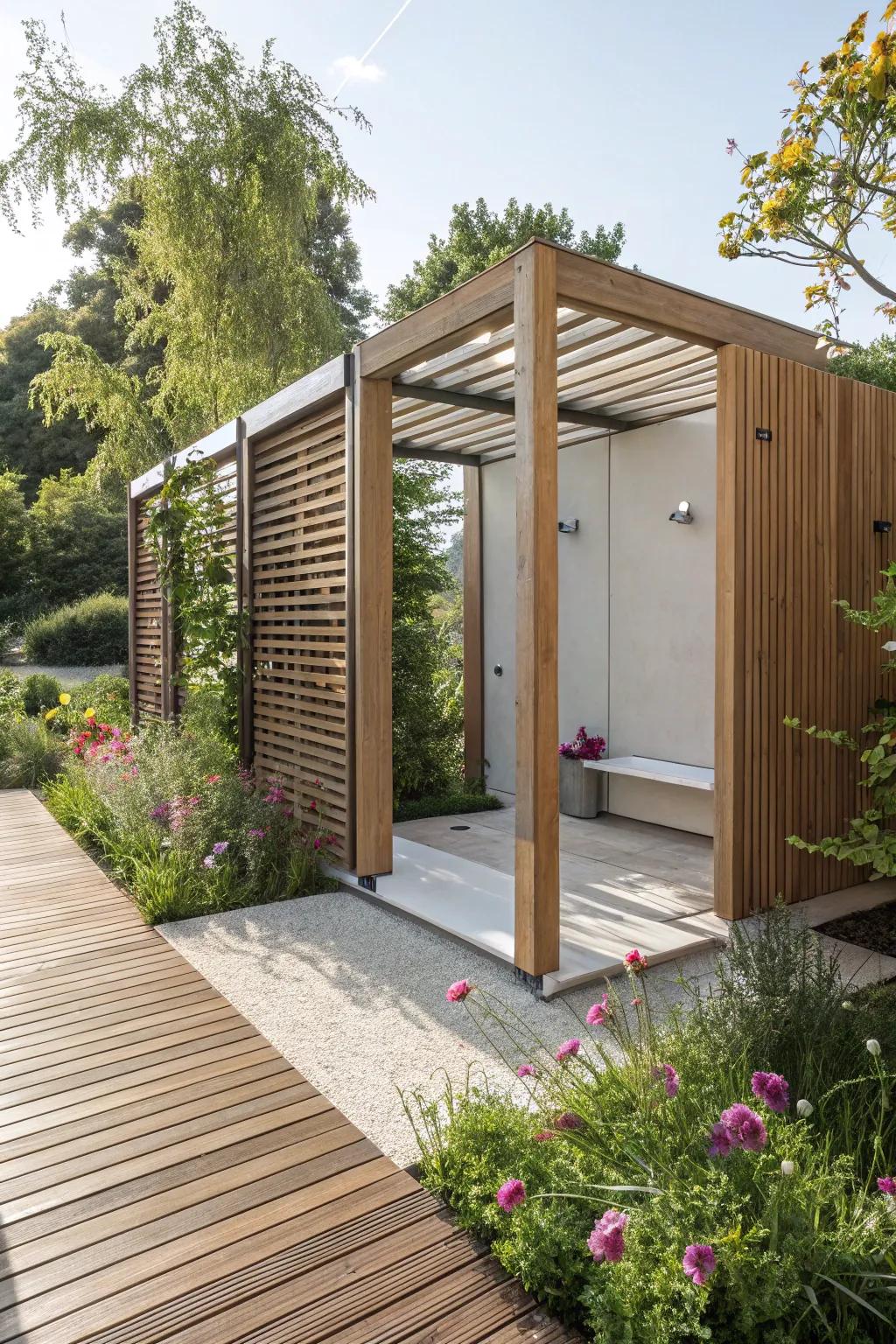 Natural wood boards creating an open and modern changing space.