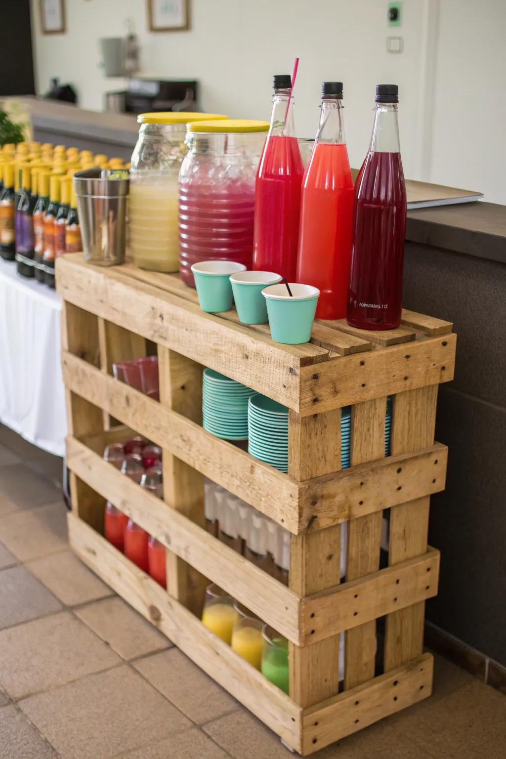 A wood deck plank makes for a budget-friendly drink station.