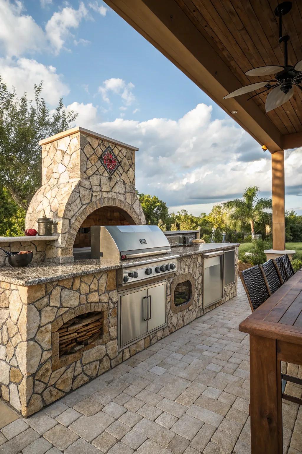 Mosaic stone mix backsplashes design dimension and character in outdoor kitchen designs.