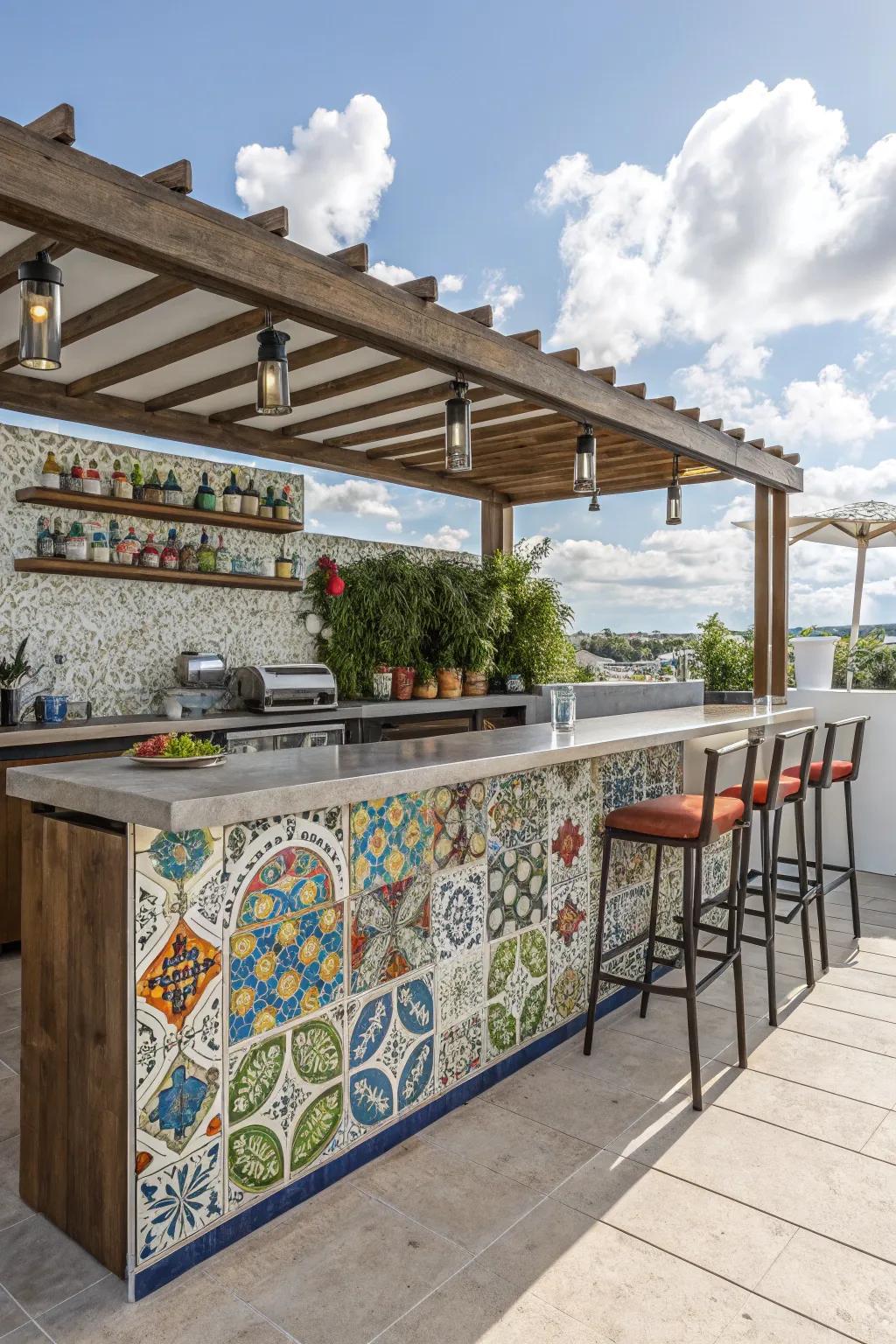 An outdoor kitchen counter with a colorful and stylish decorative panel.
