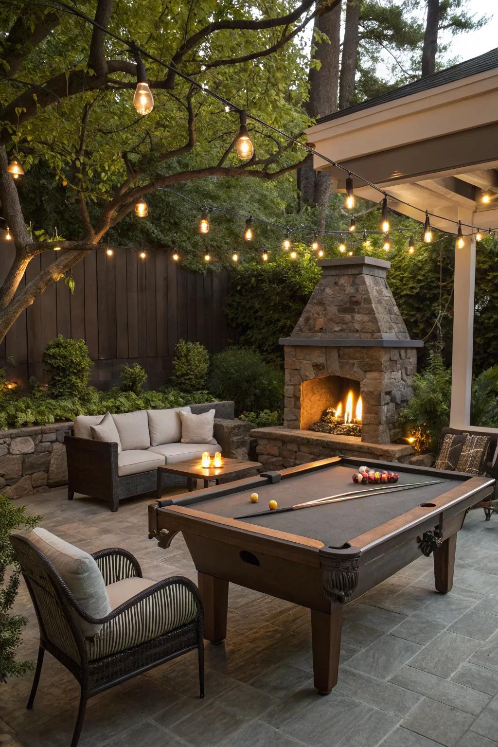 A pool table area with a cookout spot providing warmth and ambiance.