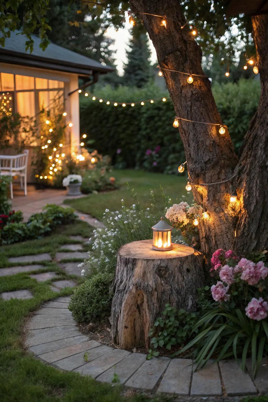 Outdoor lighting around a tree stump enhances its beauty during evening hours.