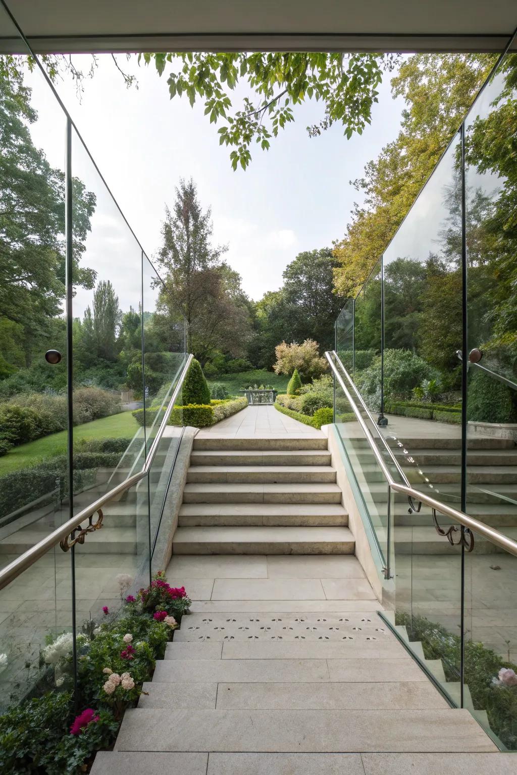 Sleek glass railings offer a clear view and modern look.
