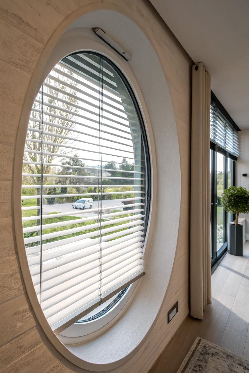Automatic blinds bring ease and modern style to oval windows.