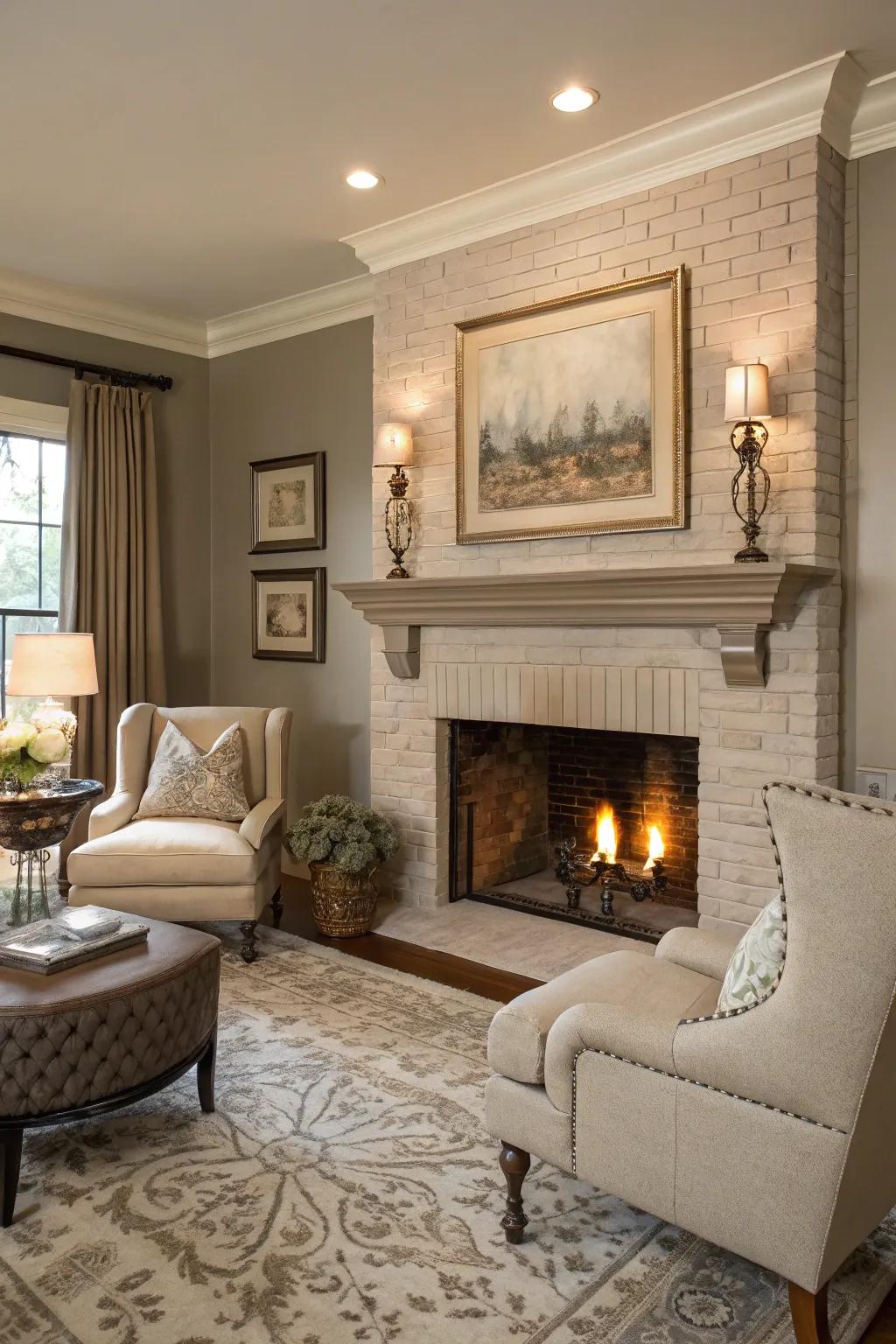 A taupe fireplace offers timeless sophistication.