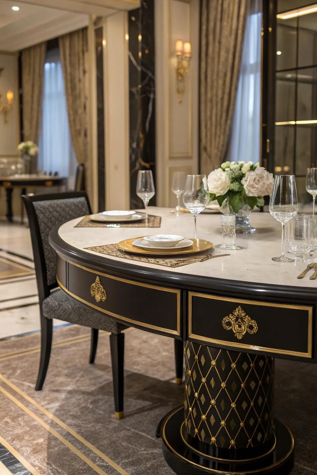 Ebony and aureate colors convey sophistication to your dining table.