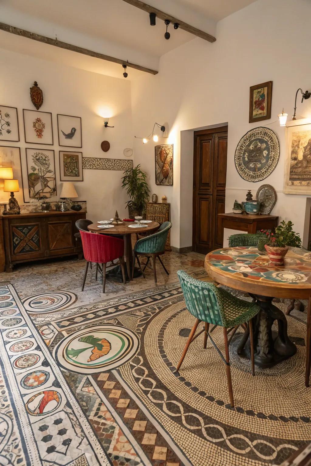 A dining room with cultural mosaic painted floorings, offering a colorful tribute to global art.