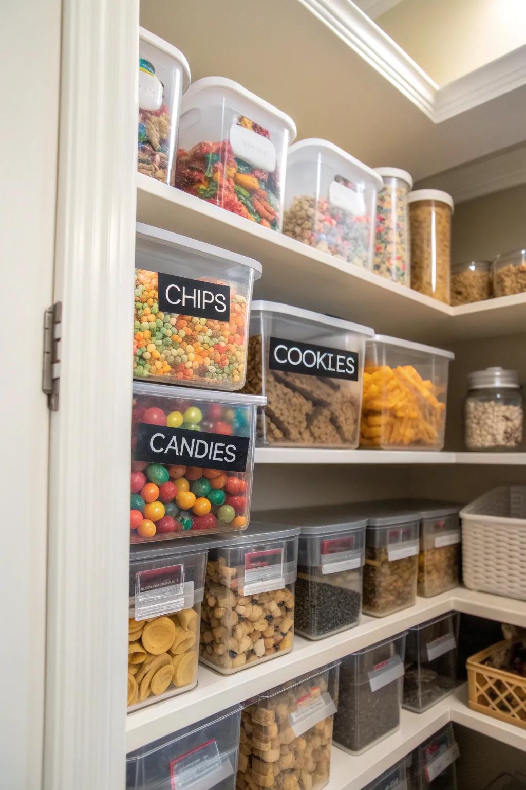 Stackable bins in a pantry keep snacks and small items organized.
