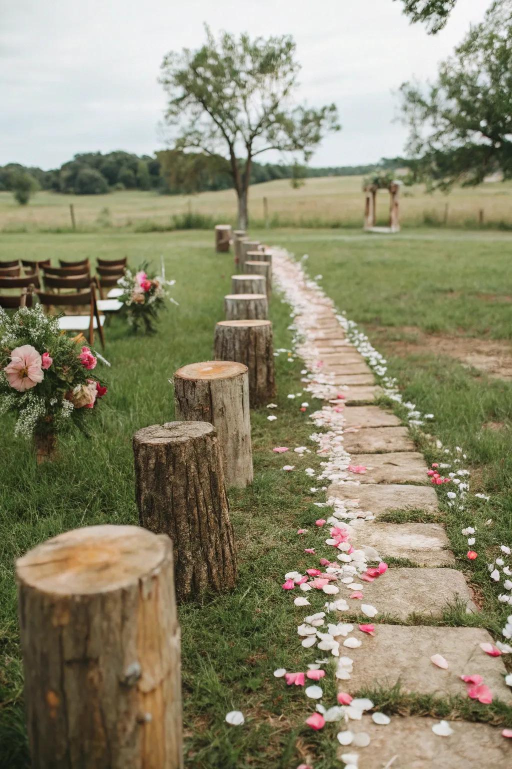 A wedding aisle beautifully adorned with organic elements.