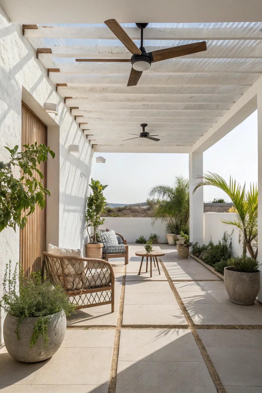A minimalist deck featuring a discreet ceiling fan.