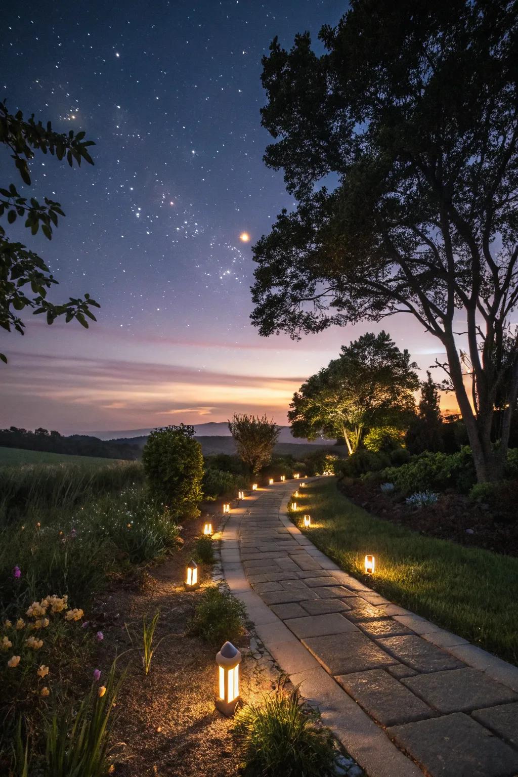 Solar lights creating a warm glow over a garden path.