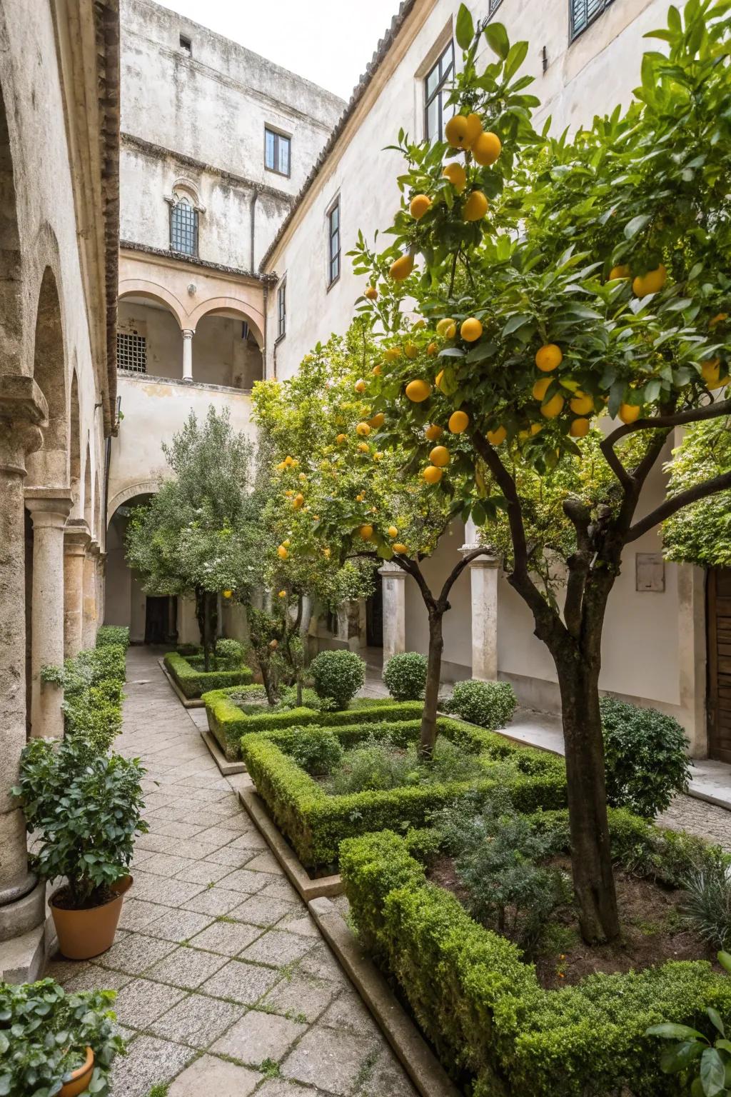 The garden is enriched with a Mediterranean vibe and delightful aromas with its citrus trees.