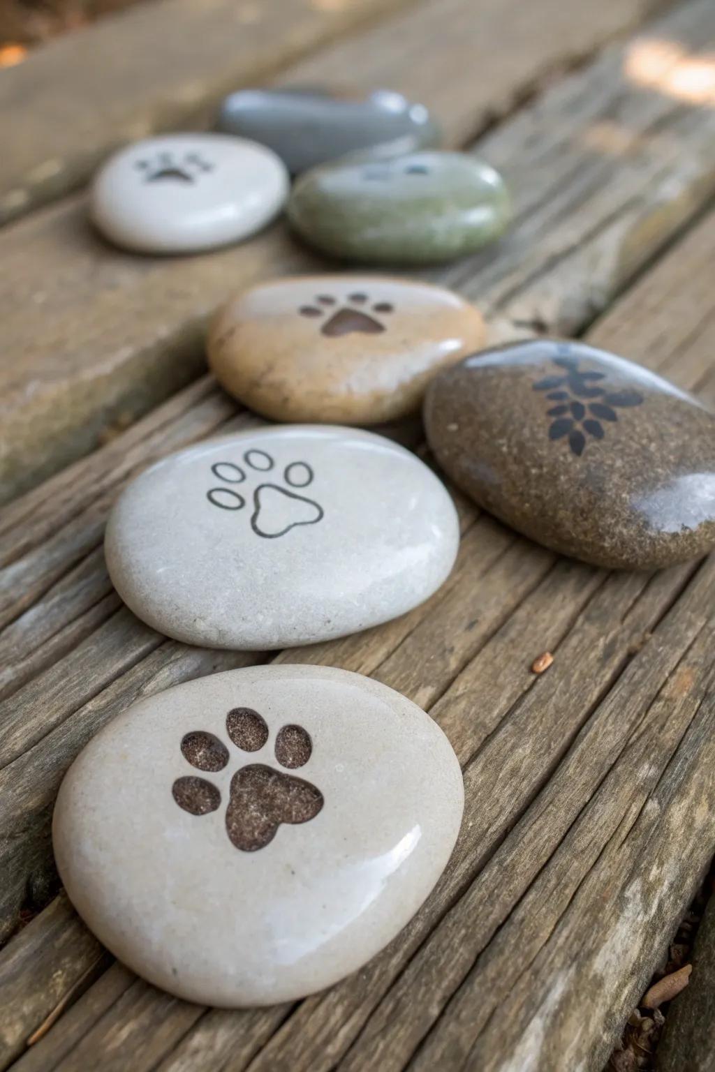 Engraved stones showing paw prints for support.