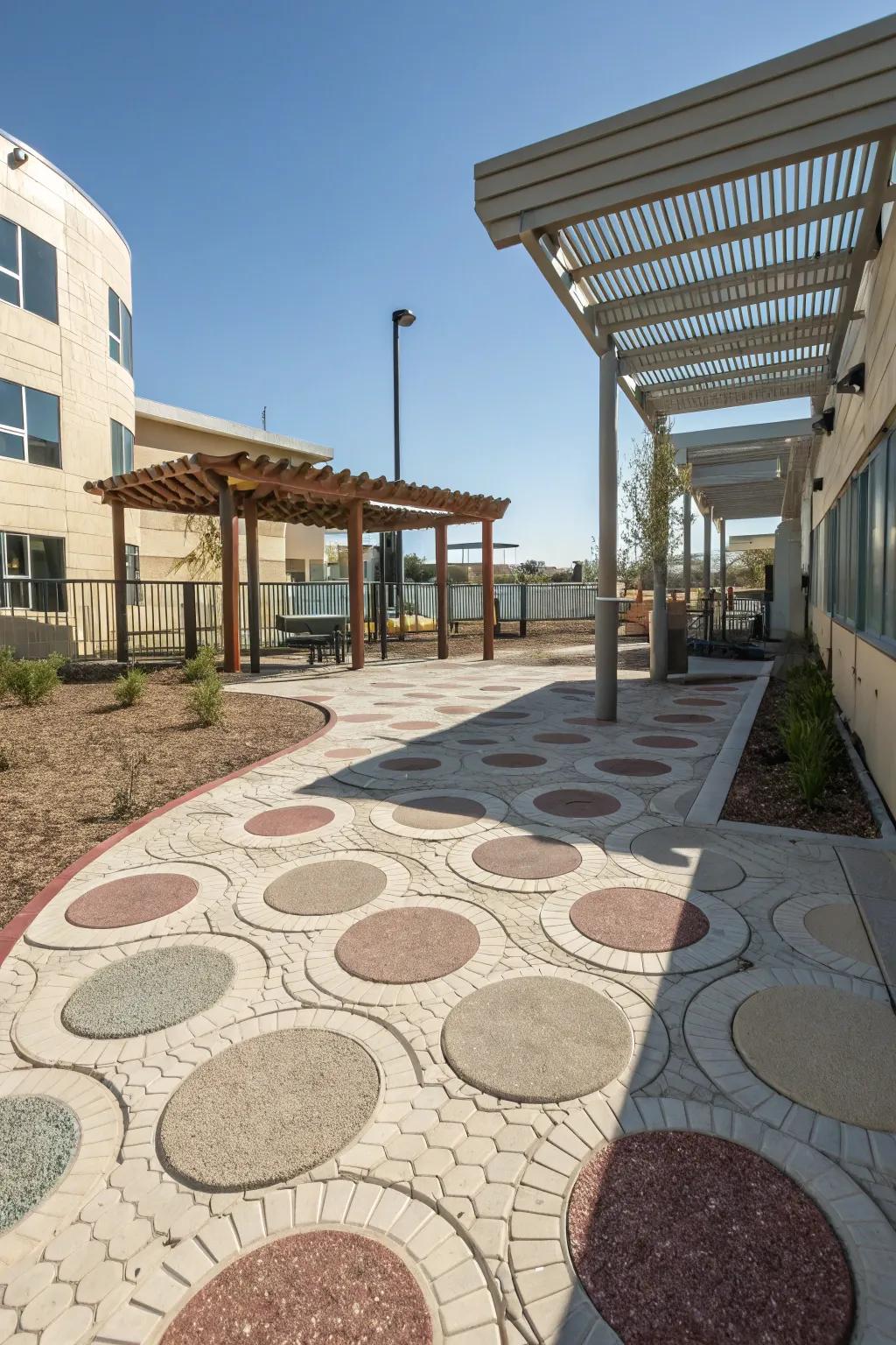 Circular cell pavers contribute creativity and permeability to patios.