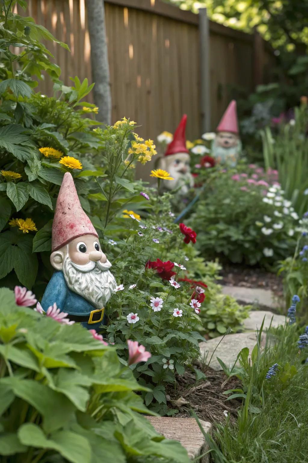 Garden gnomes bring whimsy and charm to the pet memorial garden.