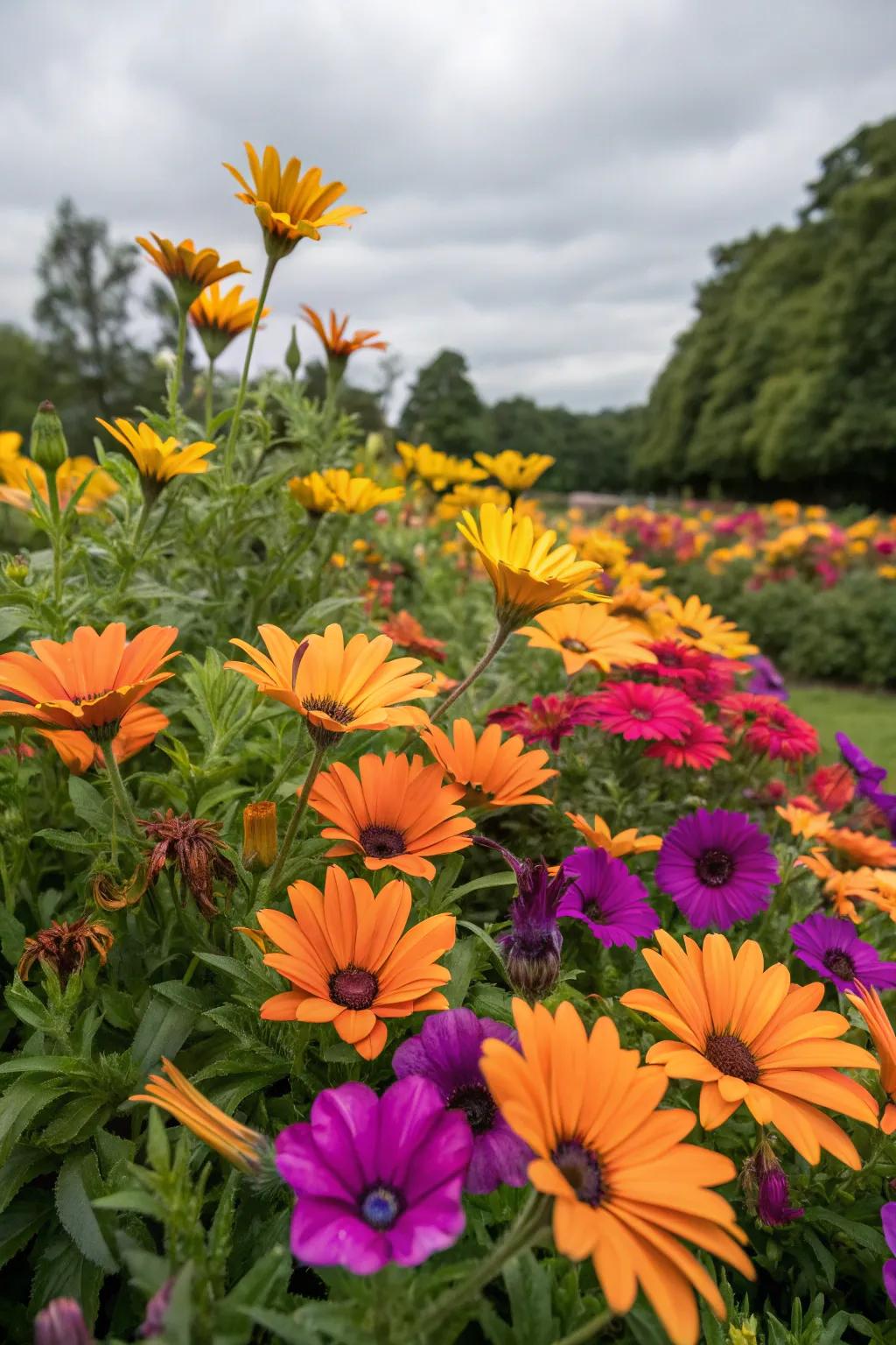 Sunnyface daisies and petunias produce a bright and bold garden presentation.