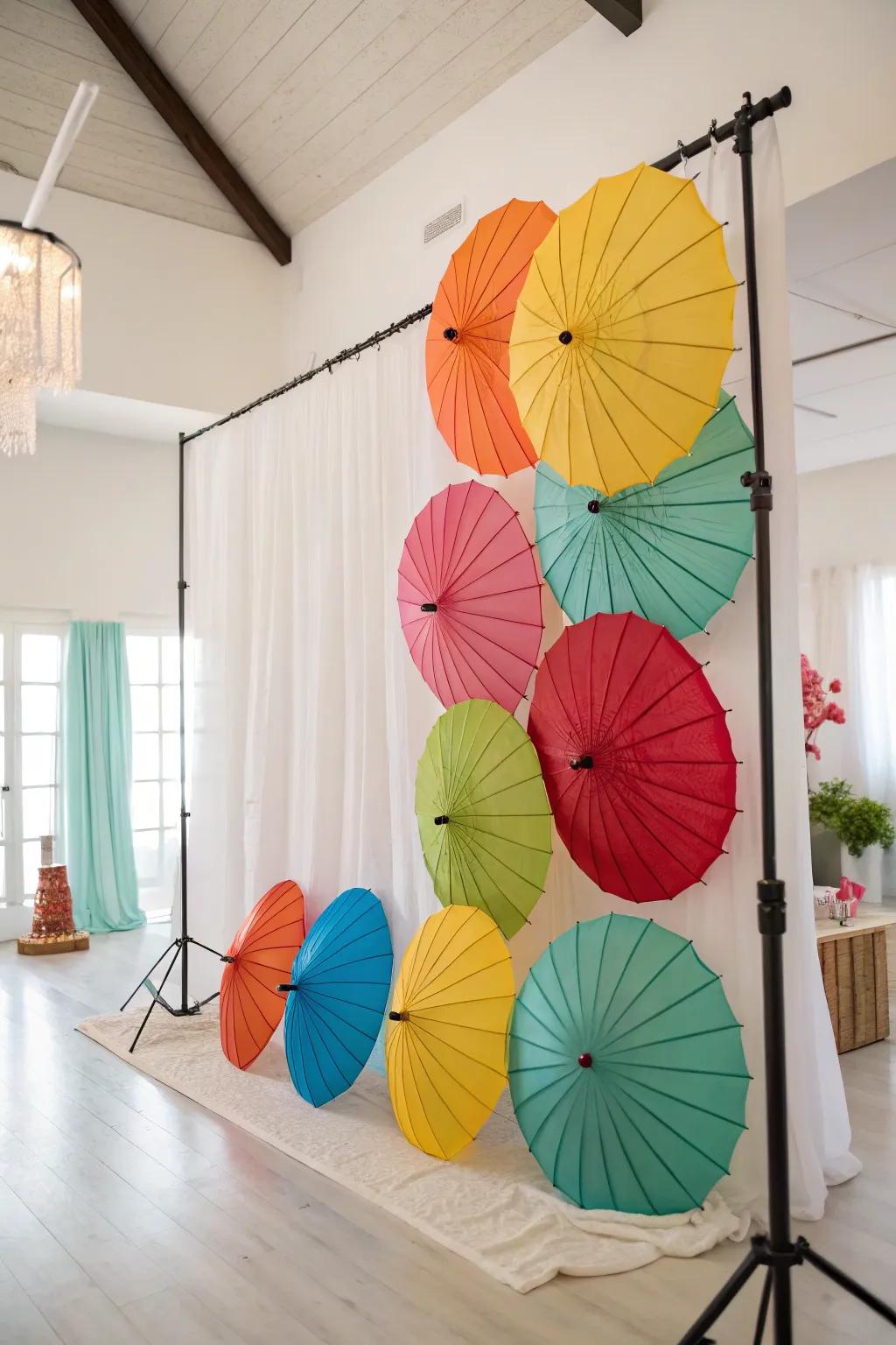 A parasol backdrop establishes a whimsical and artistic atmosphere.