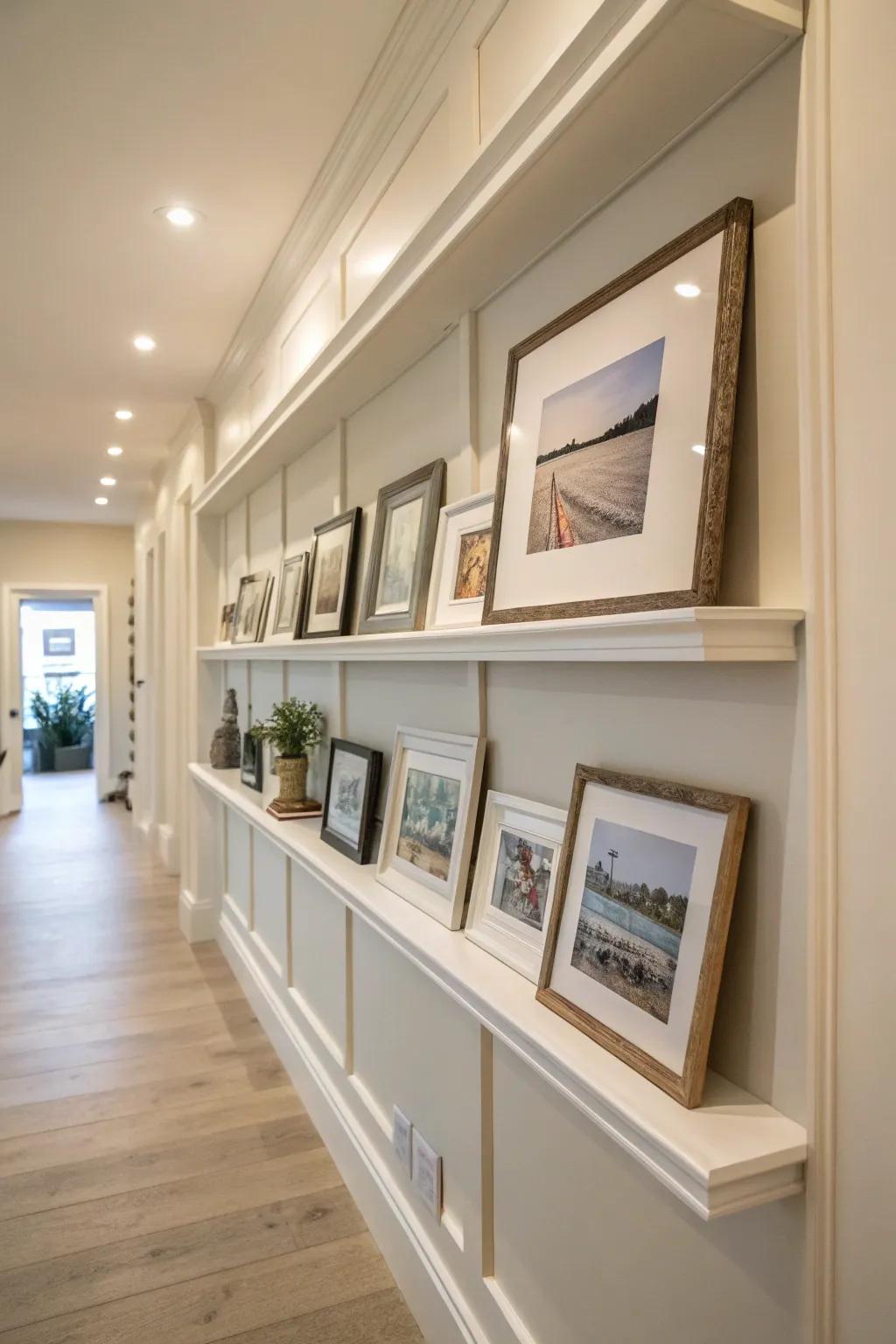 Floating shelf illusion with picture shelves matching wall color.