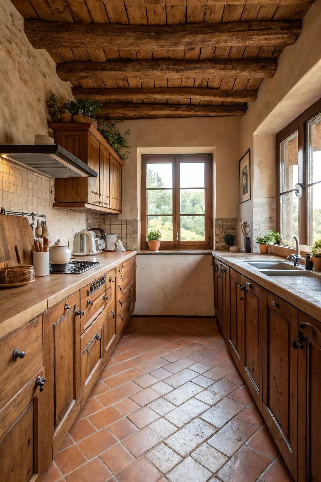 Earthenware tiles bring Mediterranean warmth to kitchens.