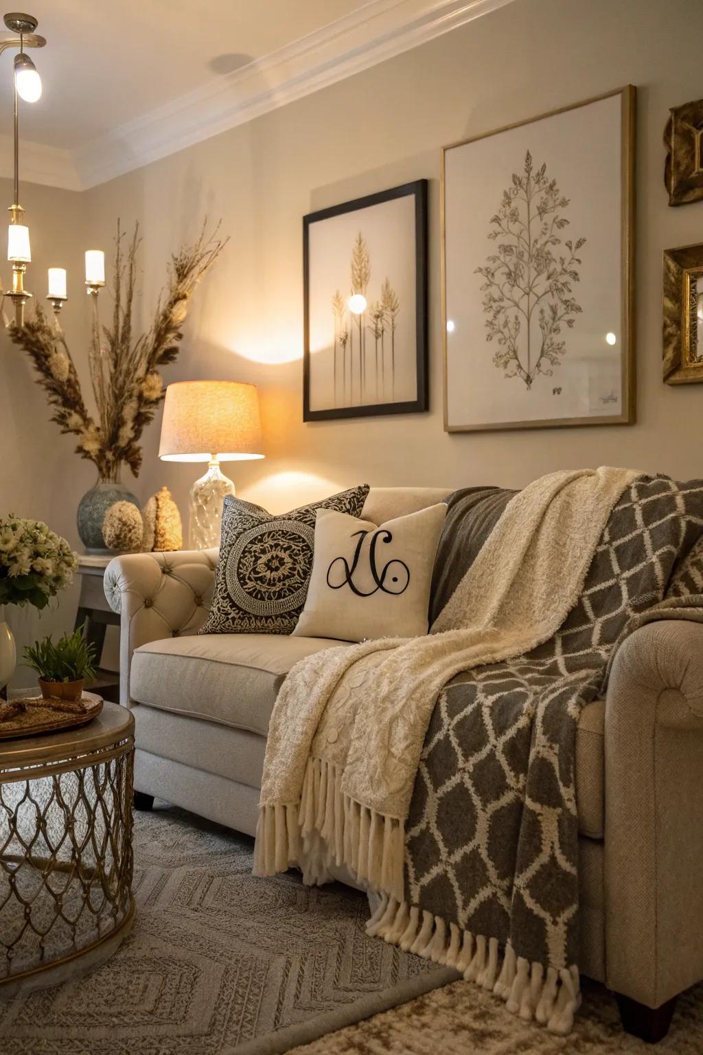 Personalized throws on a sofa, delivering a distinctive and personal impression to the decor.