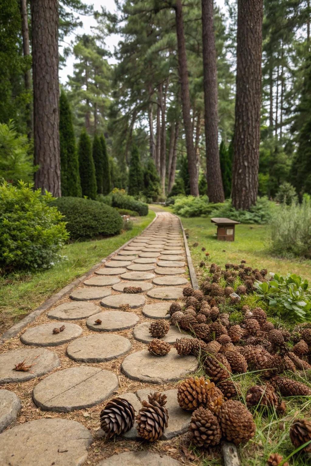 Pinecones outline charming, natural paths.