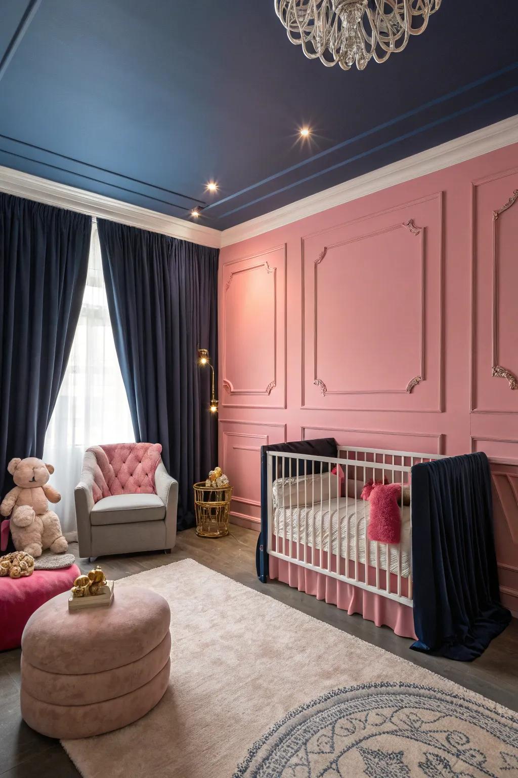 A nursery design that features a bold pink and navy palette, exuding a sense of drama.