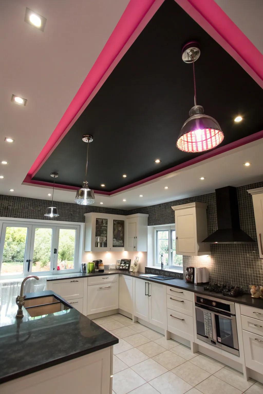 A surprising design element is added by ceiling decoration.