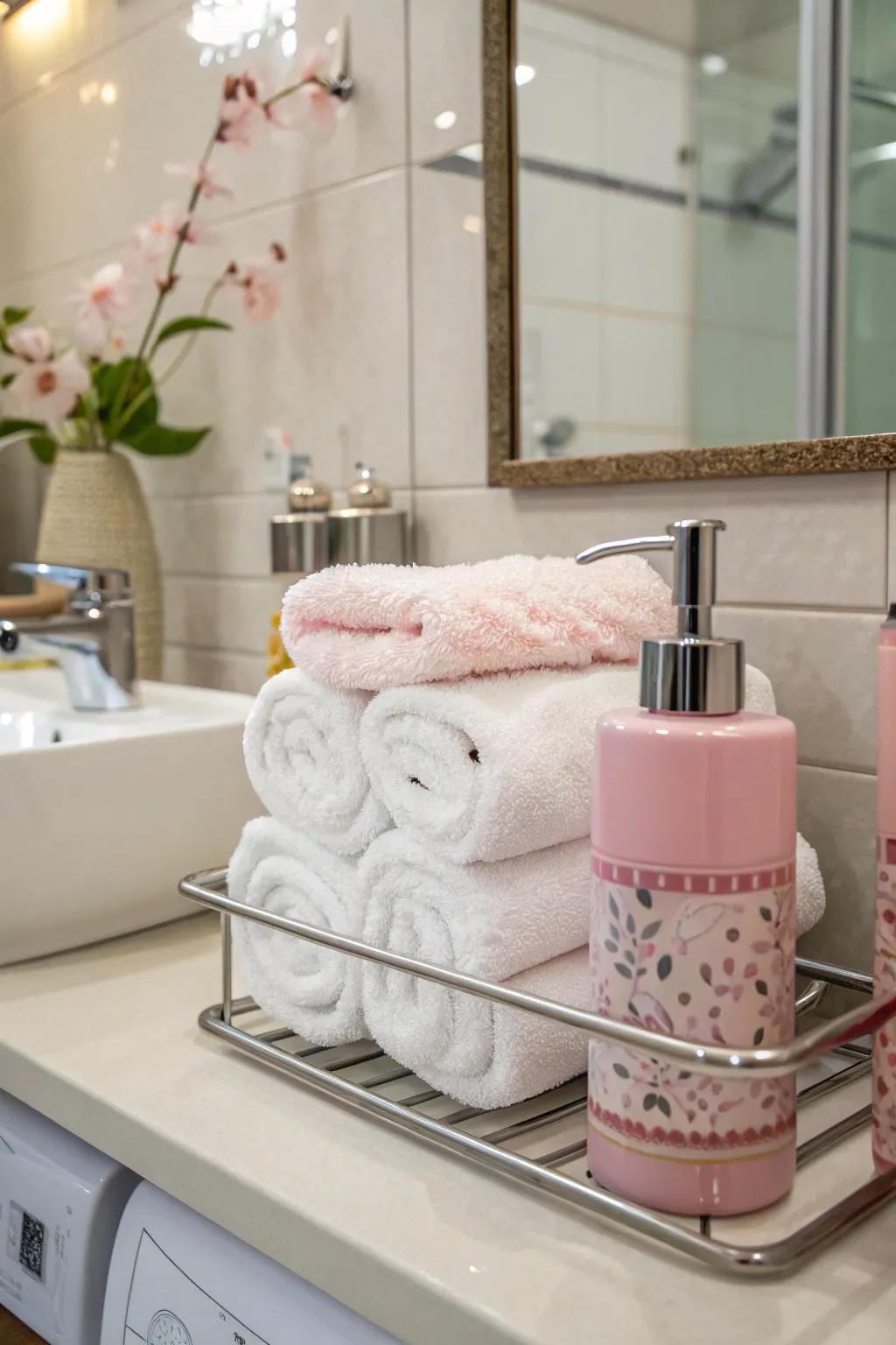 Rose accents bring a festive feel to the bathroom.