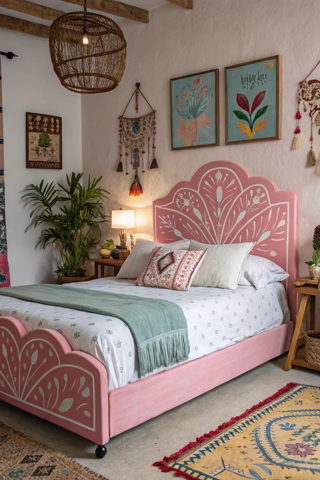 A creative and captivating bedroom with a painted pink headboard.