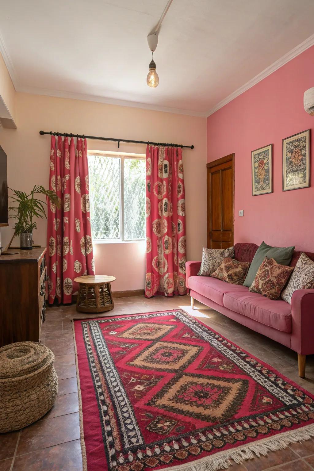 Bold patterns against pink create visual interest.