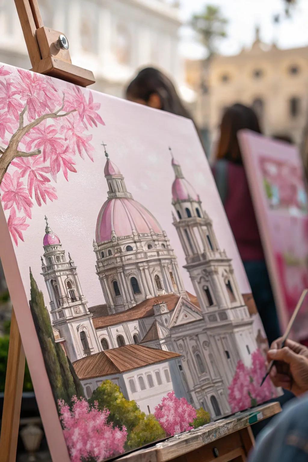 A sophisticated structural sketch in pink.