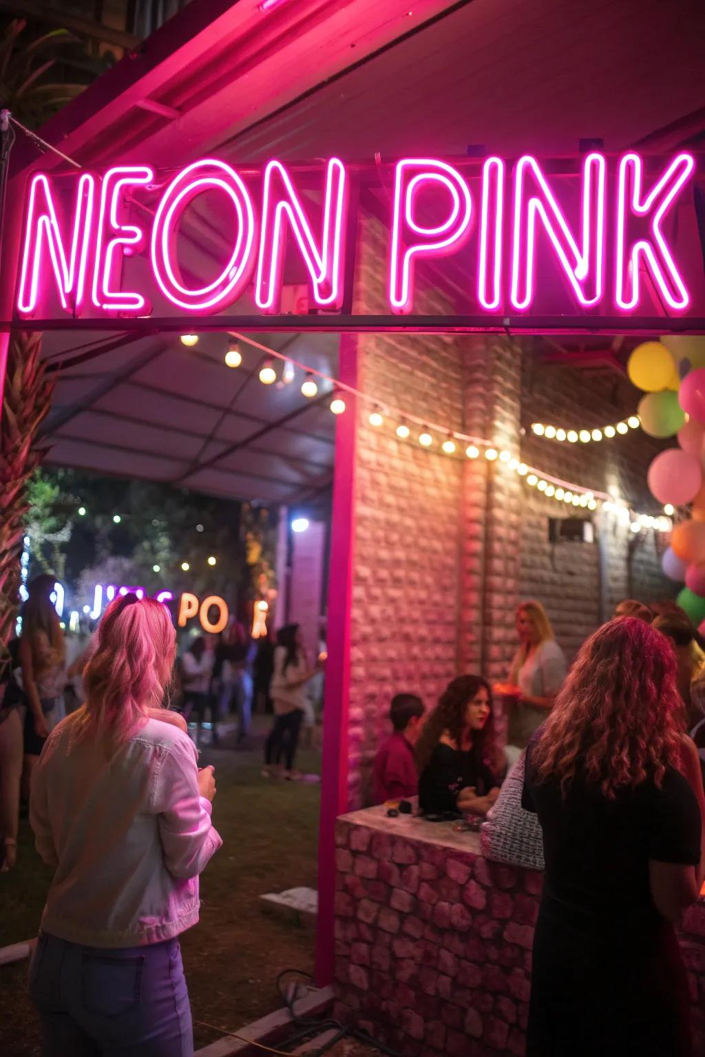 A vibrant rose sign contributes flair and glam to the party's design.