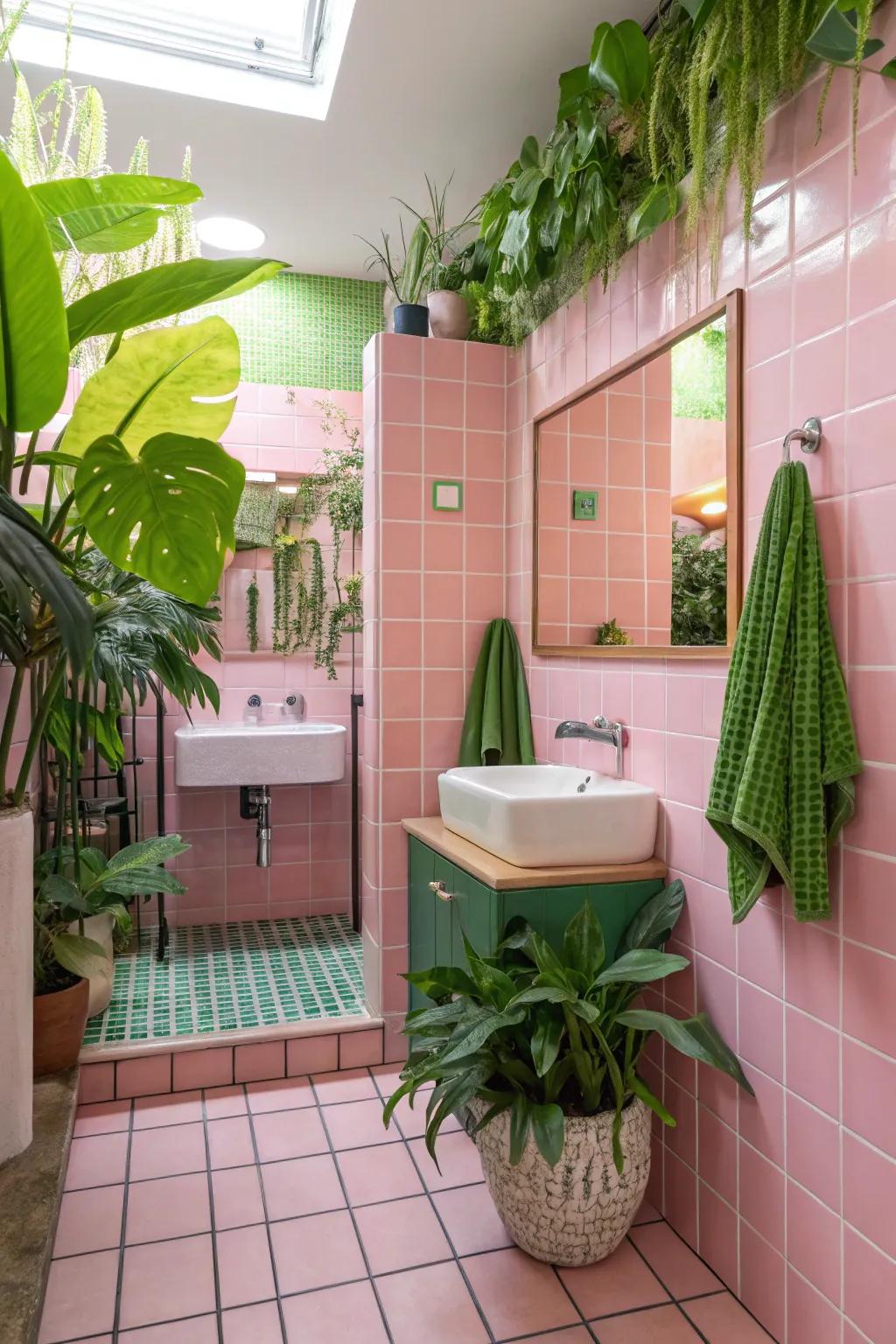 A vibrant harmony of rose-tinted tiles and green elements.