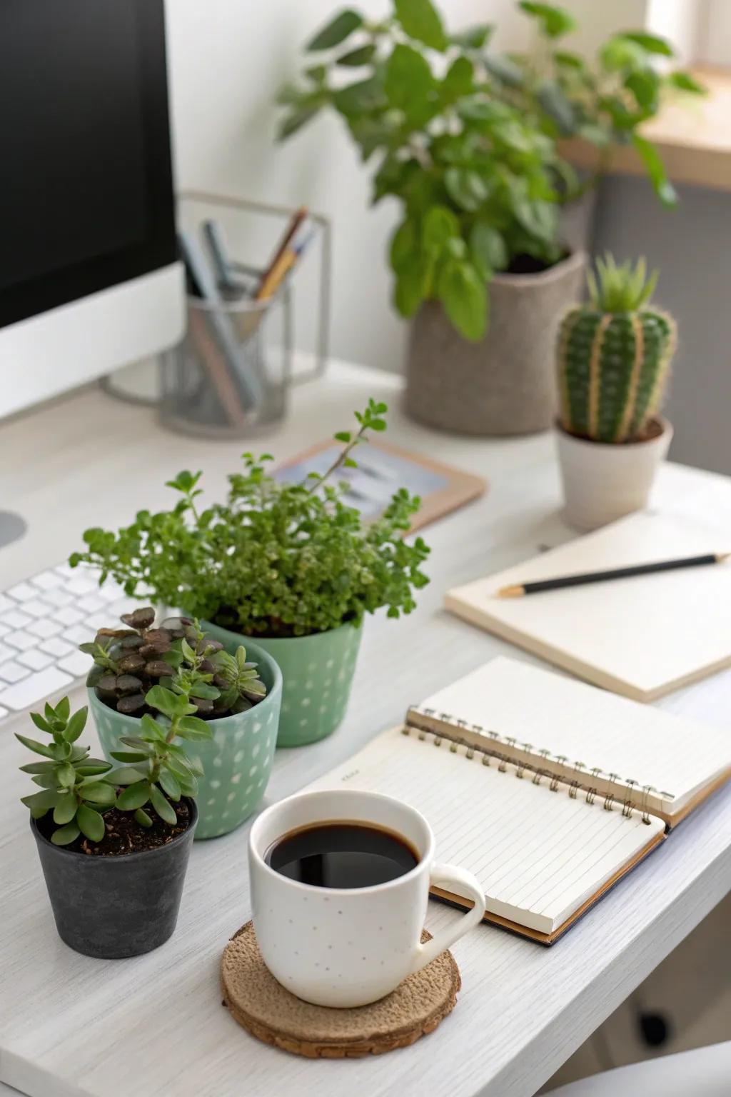 Enhance creativity and serenity with plants in your workspace.