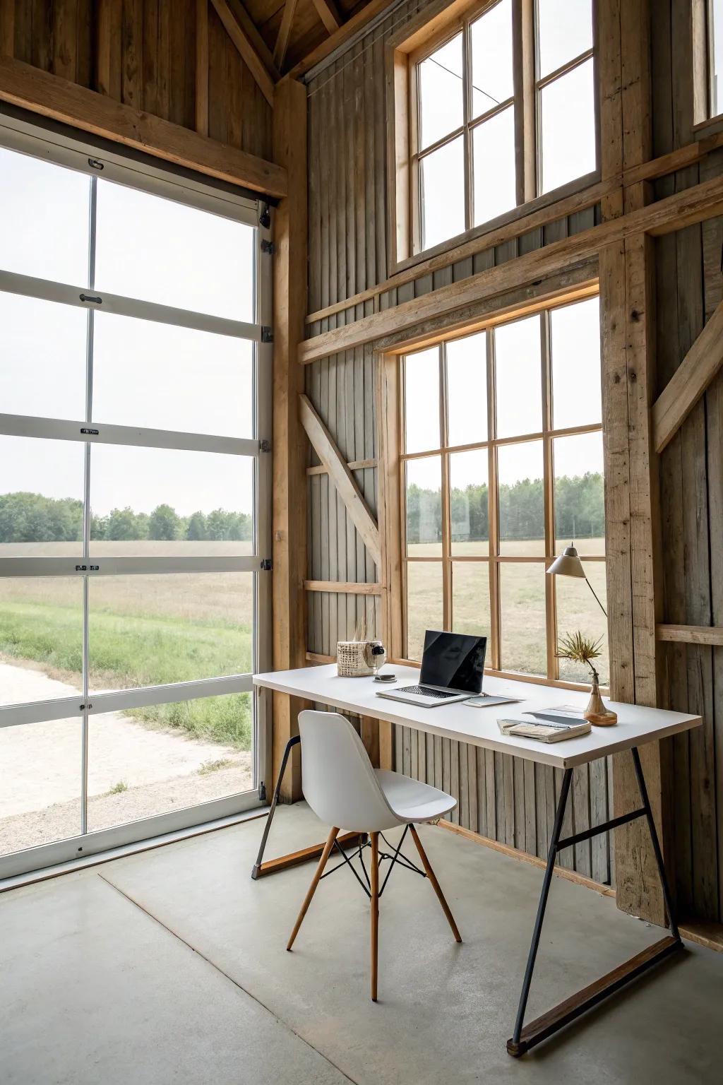 A simple office within a pole barn presenting a simple desk and natural lighting.