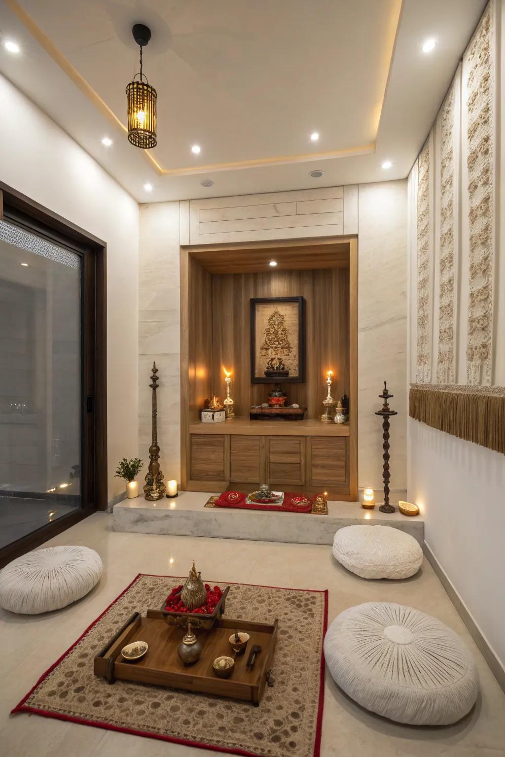 This multi-functional pooja room also serves as a meditation sanctuary.