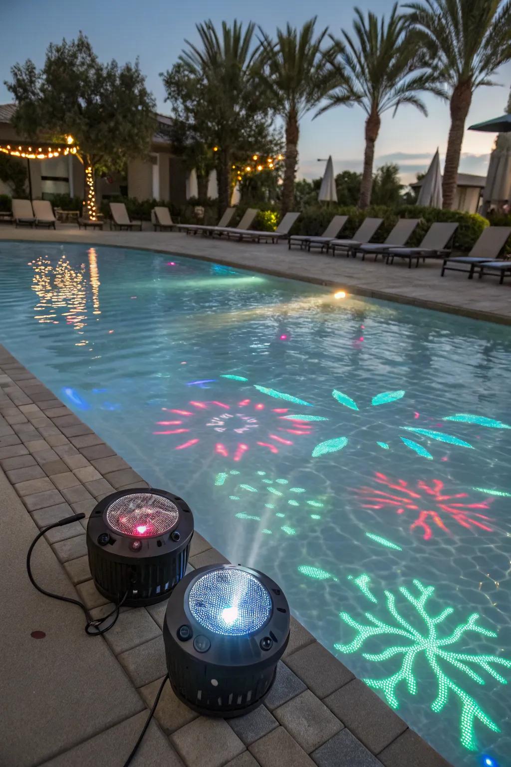 LED projectors cast a dynamic display onto the surface of the pool.