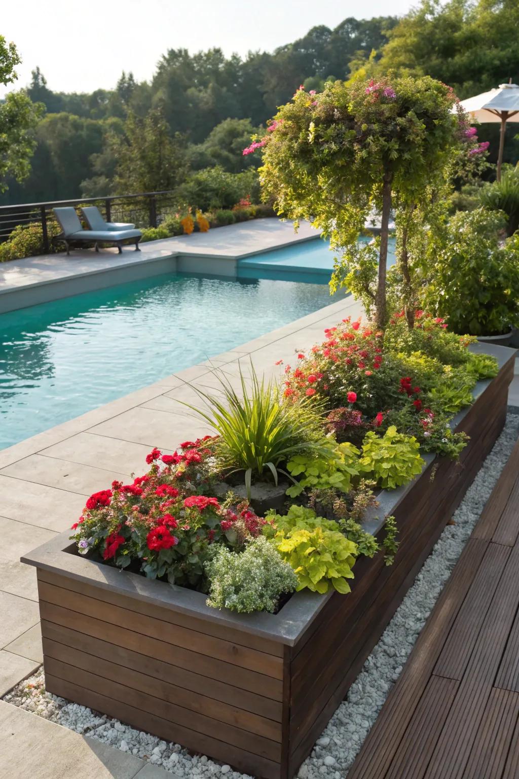 Brighten up your pool deck with integrated planters for added greenery.