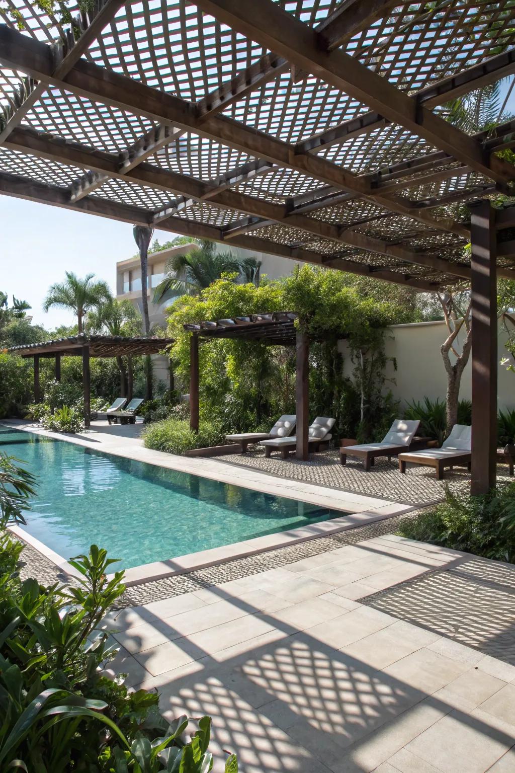 Intricate light and shadow patterns create a dynamic poolside atmosphere.