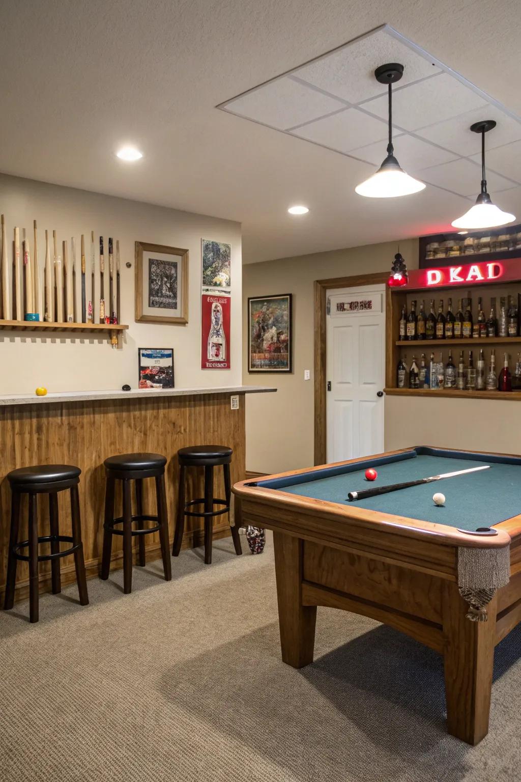 A compact bar zone complements the billiard table, crafting a cozy entertainment alcove.