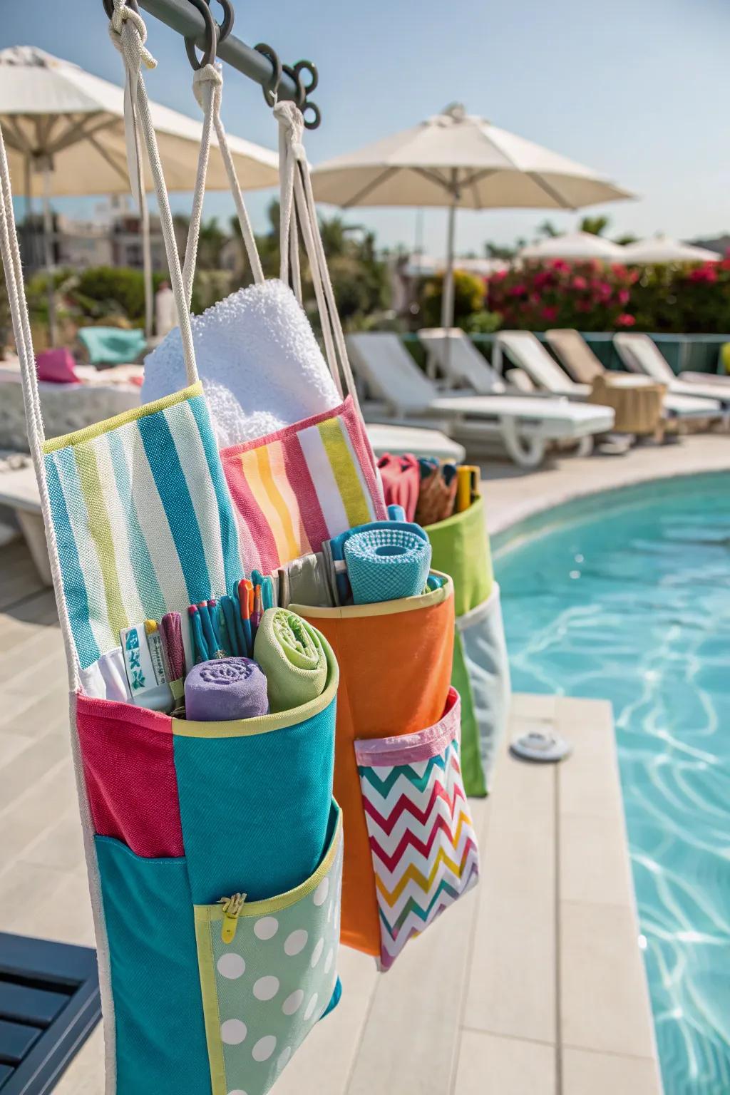 Playful hanging fabric pockets for towel storage.