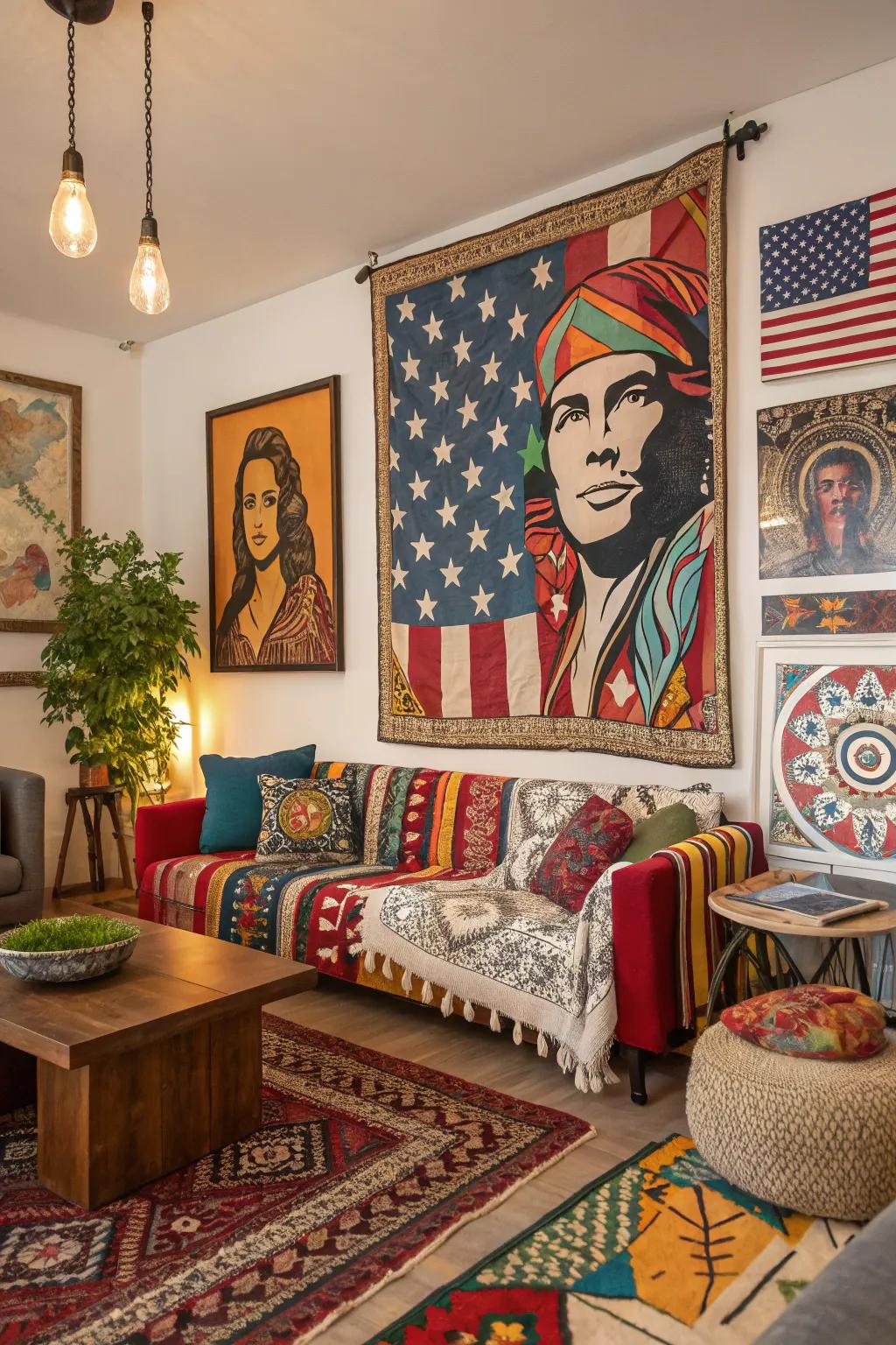 A unique pop art painting featuring a cultural blend in a bohemian space.