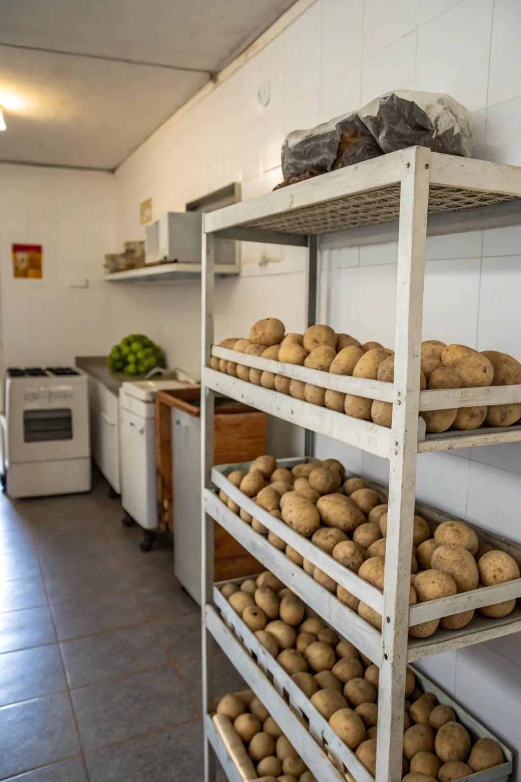 Utilitarian shelves offer a minimalist potato display.